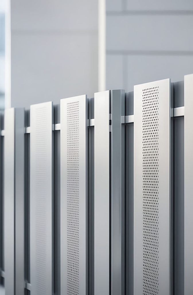 Modern aluminum fence with perforated panels.