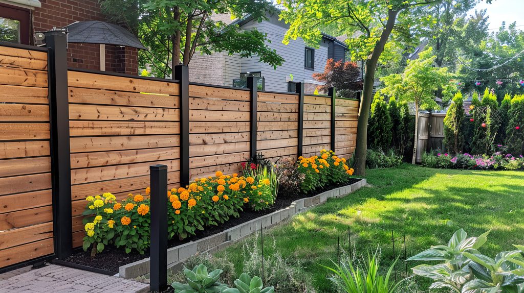 Horizontal cedar privacy fence with black steel posts in a North Shore backyard, installed by Fencing By Wall