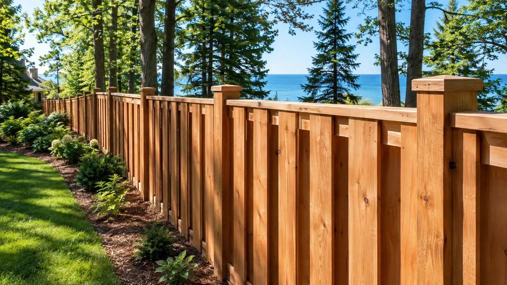 Cedar shadow box fence with alternating boards on both sides of the rails, a good neighbor fence style for windy Lake Forest, IL yards