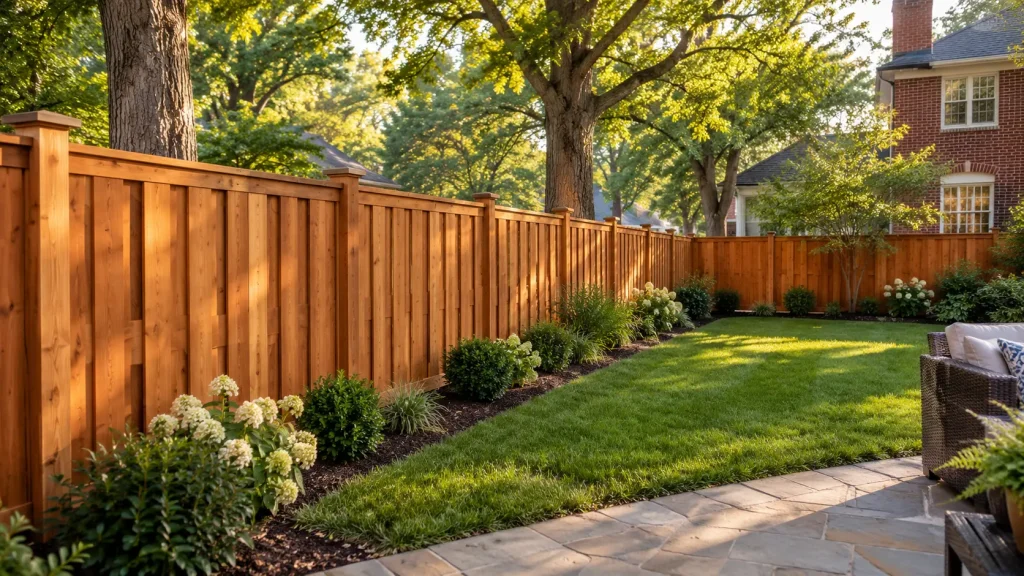 Cedar shadow box wood privacy fence in a landscaped North Shore backyard