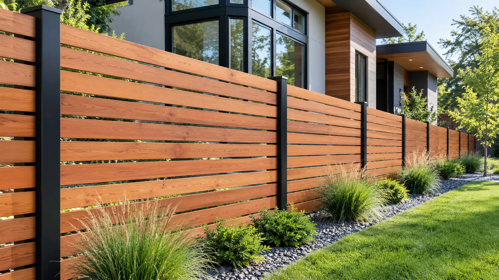Modern horizontal cedar fence with narrow even gaps between boards beside a contemporary home in the Chicago suburbs