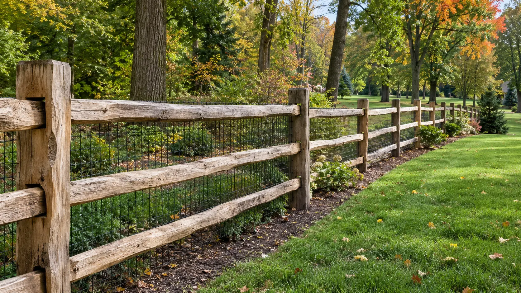 Rustic three-rail split rail wood fence with welded-wire mesh on the inside, marking a wooded property line in Lake Bluff, IL